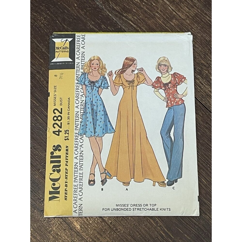 McCall's 4282 Pattern Vintage 1970s Cottagecore Dress or Top Misses Size 8 UNCUT